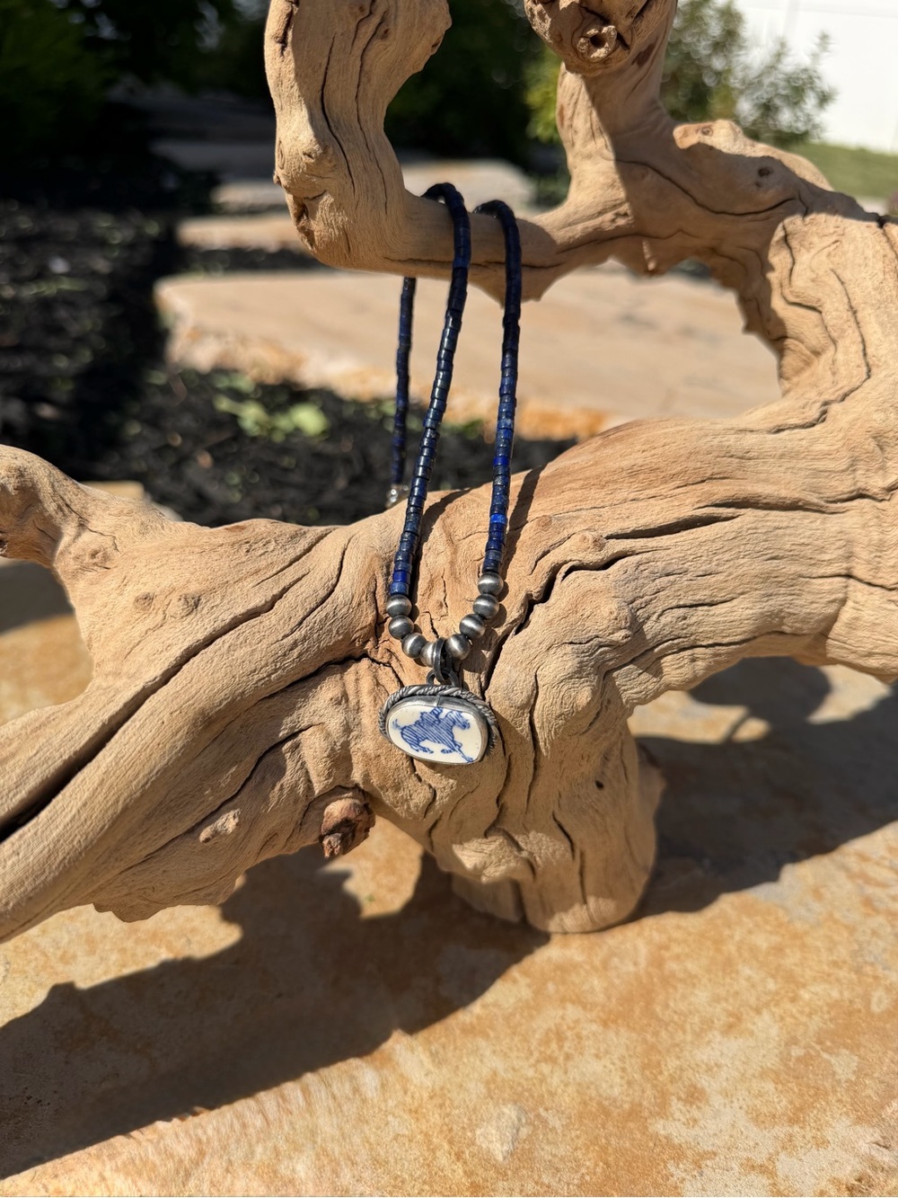 Hand-Strung Blue Lapis Pendant Necklace with Ceramic Horse